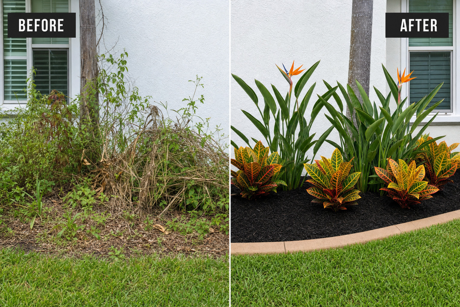 Before and after of a garden bed: overgrown and dead on the left, fresh birds of paradise and crotons with crisp mulch on the right