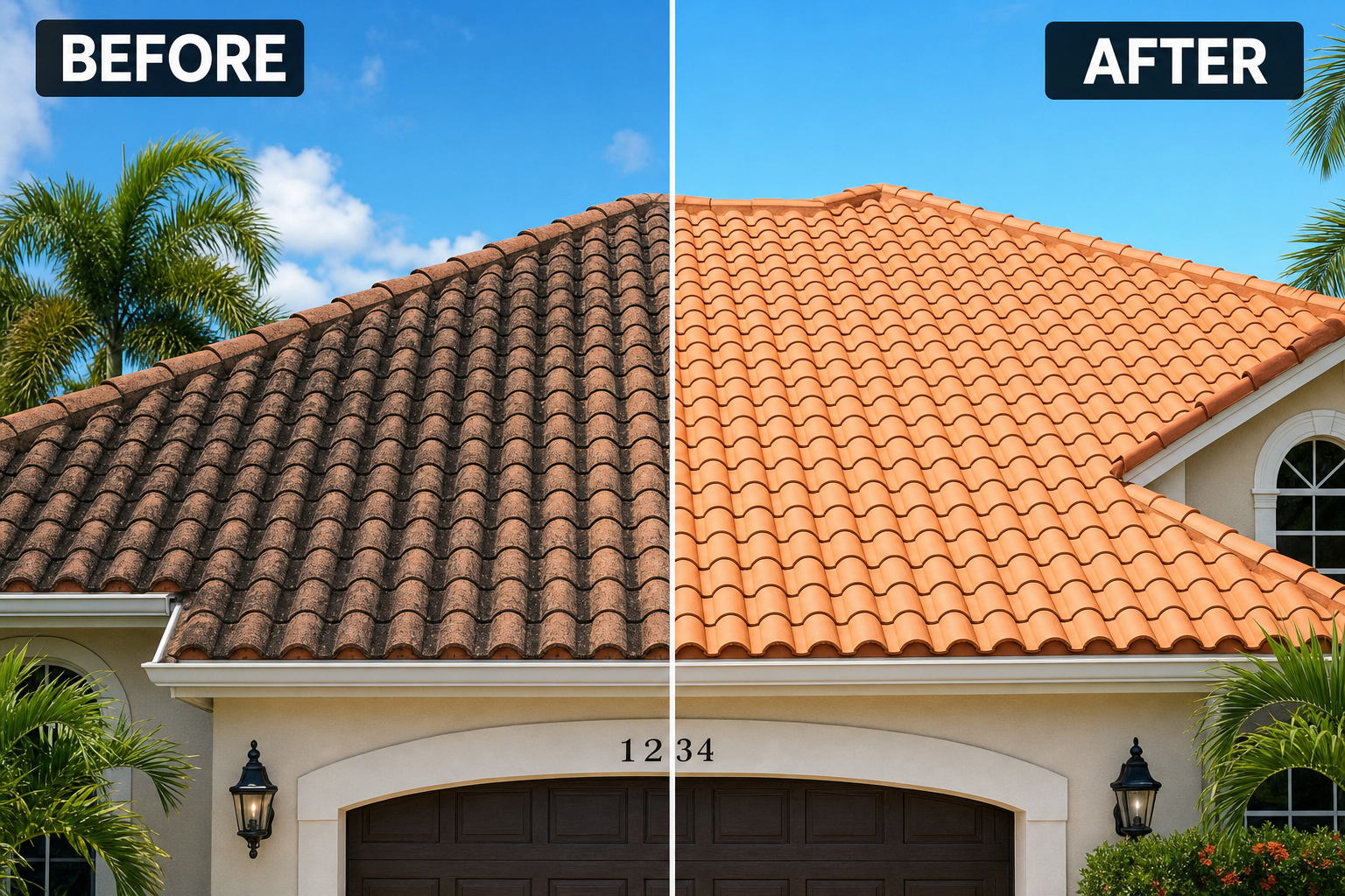 Before and after of a tile roof: dark algae streaks on the left, clean restored tiles on the right