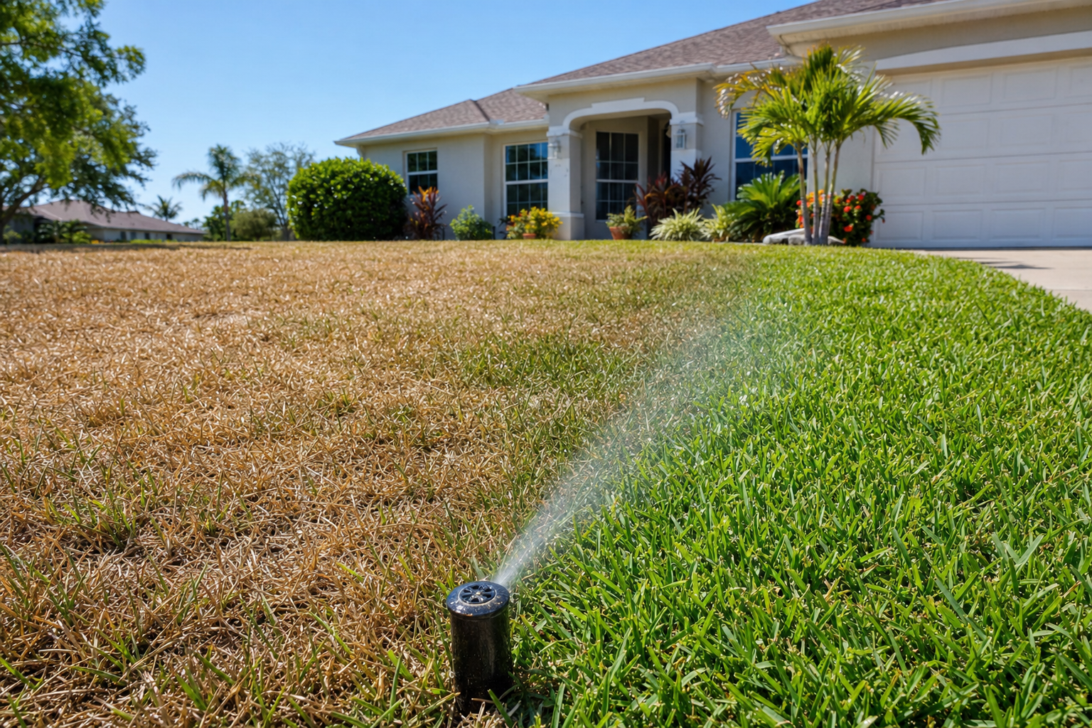 Irrigation sprinkler running in a Sarasota lawn during Phase 3 extreme drought restrictions