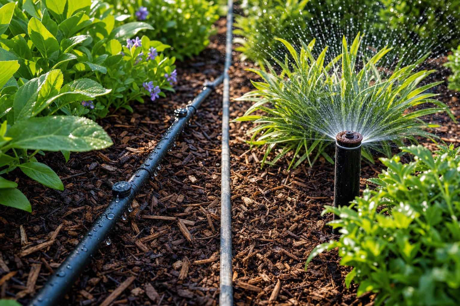 Close-up of a rotor irrigation head spraying water across a Sarasota lawn zone