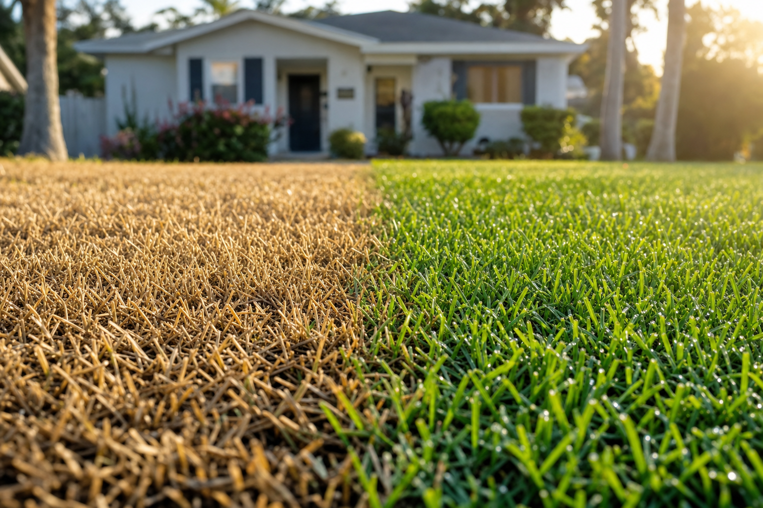 Brown drought-stressed St. Augustine lawn in a Sarasota neighborhood during the 2026 dry season