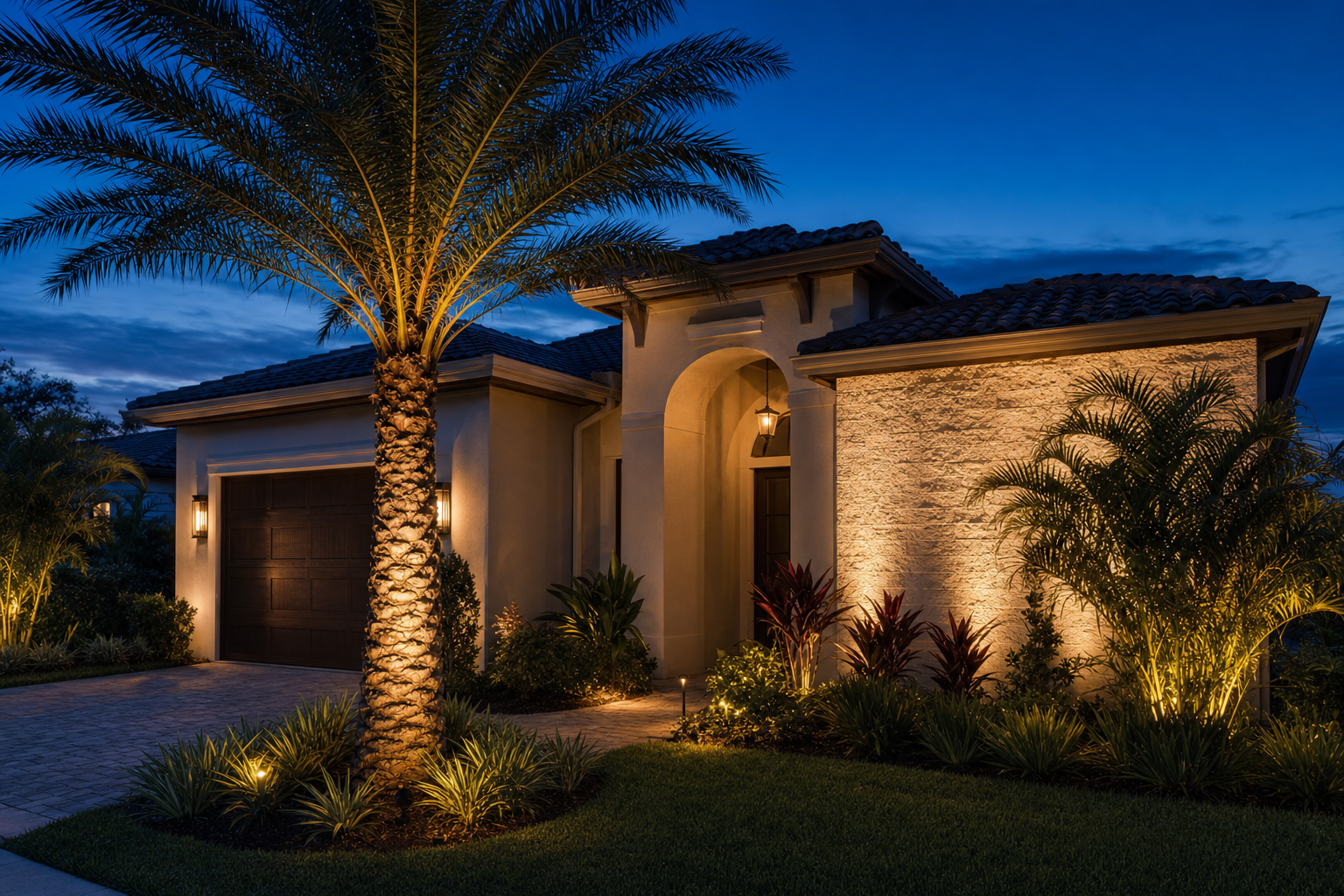 Sarasota home with professional LED low-voltage landscape lighting illuminating palms and garden paths at dusk