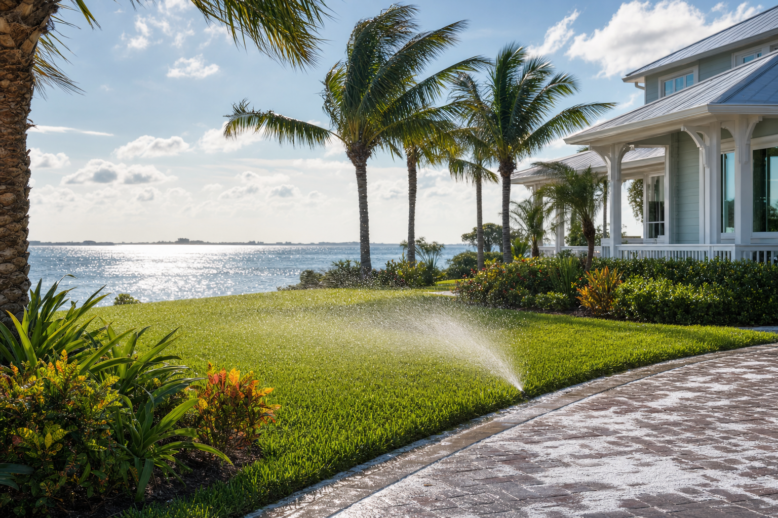 Coastal Sarasota barrier island property with irrigation system running near waterfront landscaping