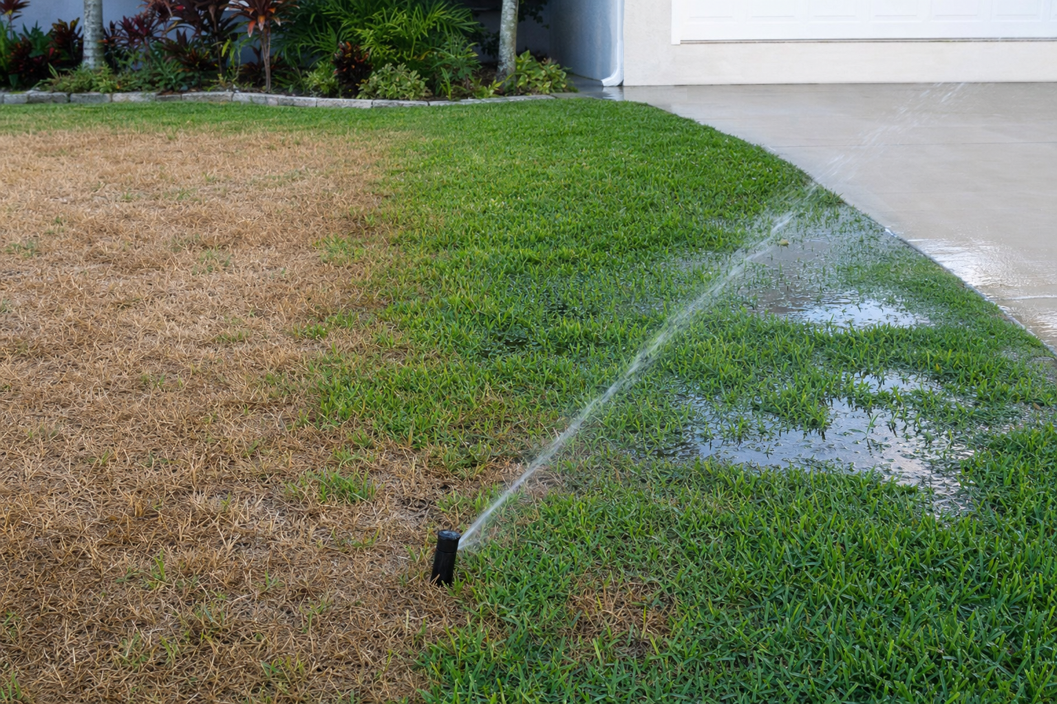 Irrigation head spraying water sideways instead of upward due to improper installation at a Sarasota property