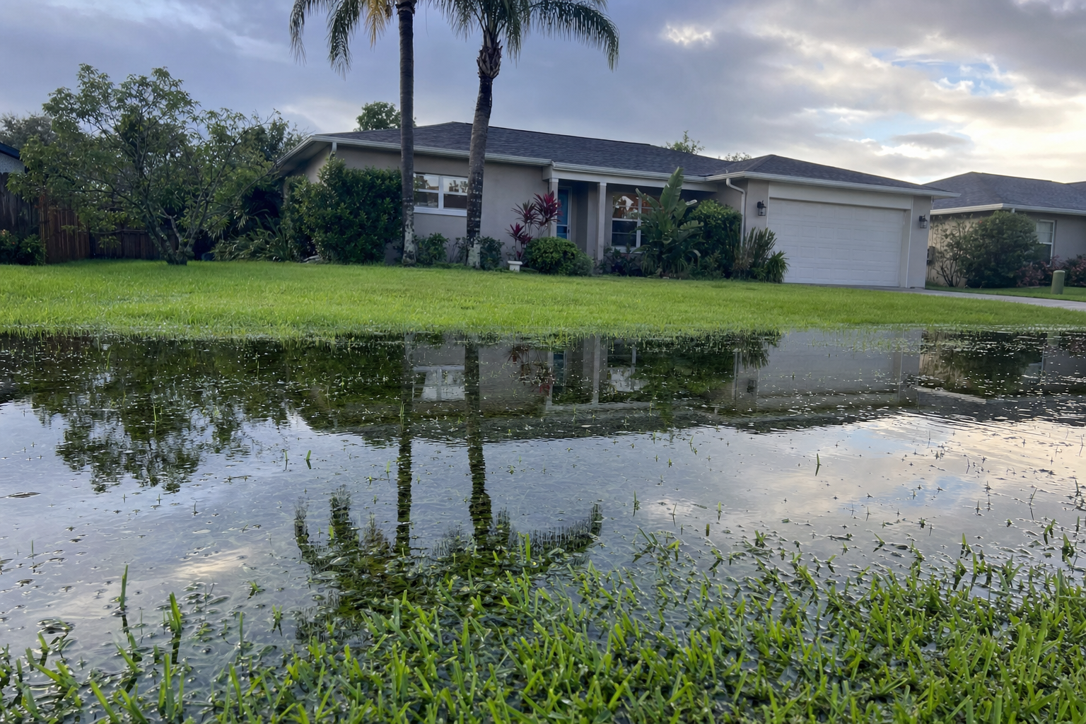 French drain installation with gravel and perforated pipe resolving standing water issue in a Sarasota yard