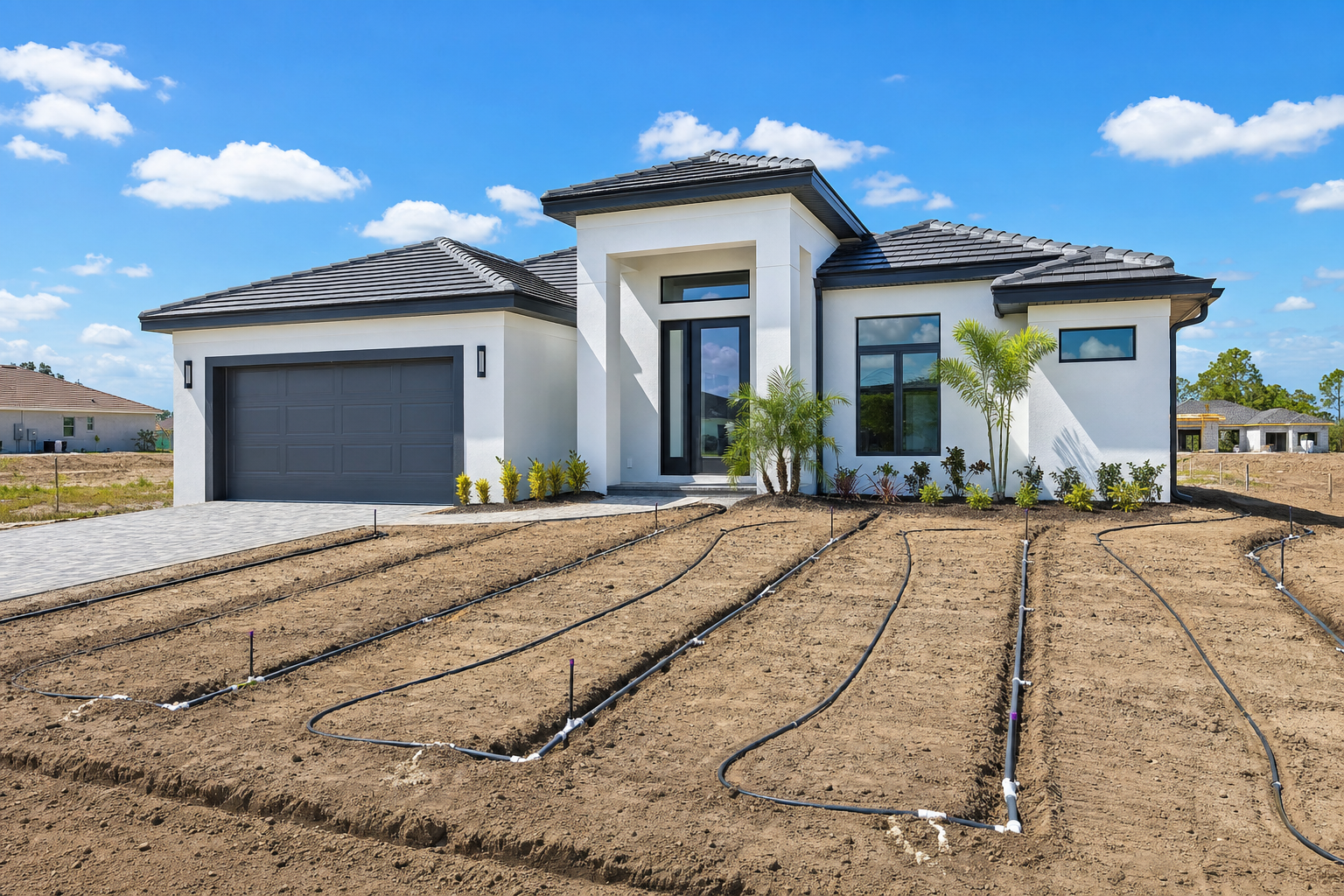 Irrigation design sketch for a new construction home in Sarasota showing zone layout before sod installation