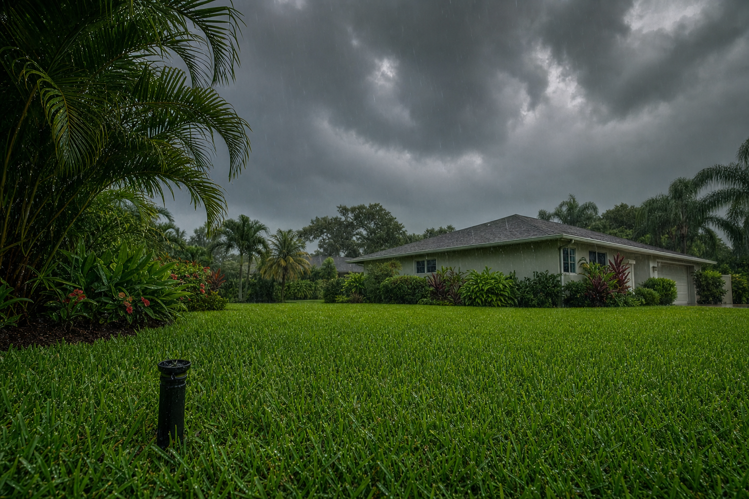 Sarasota lawn showing the transition from dry brown drought conditions to recovering green grass as rainy season begins