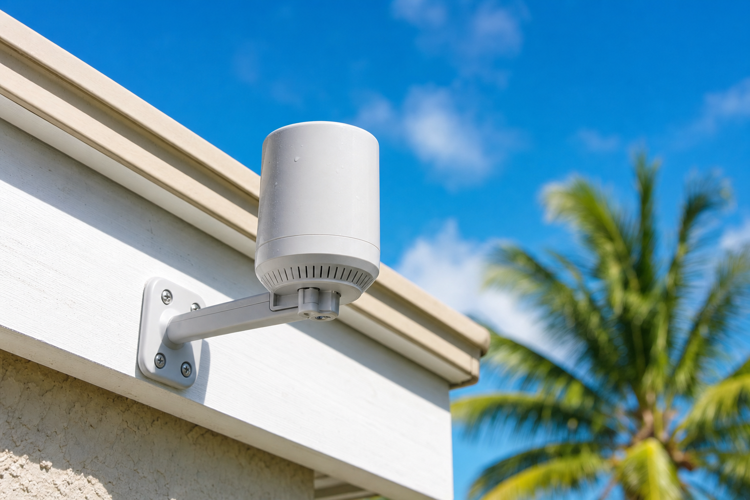 Rain sensor mounted on a roof fascia of a Sarasota home for automatic irrigation shutoff compliance