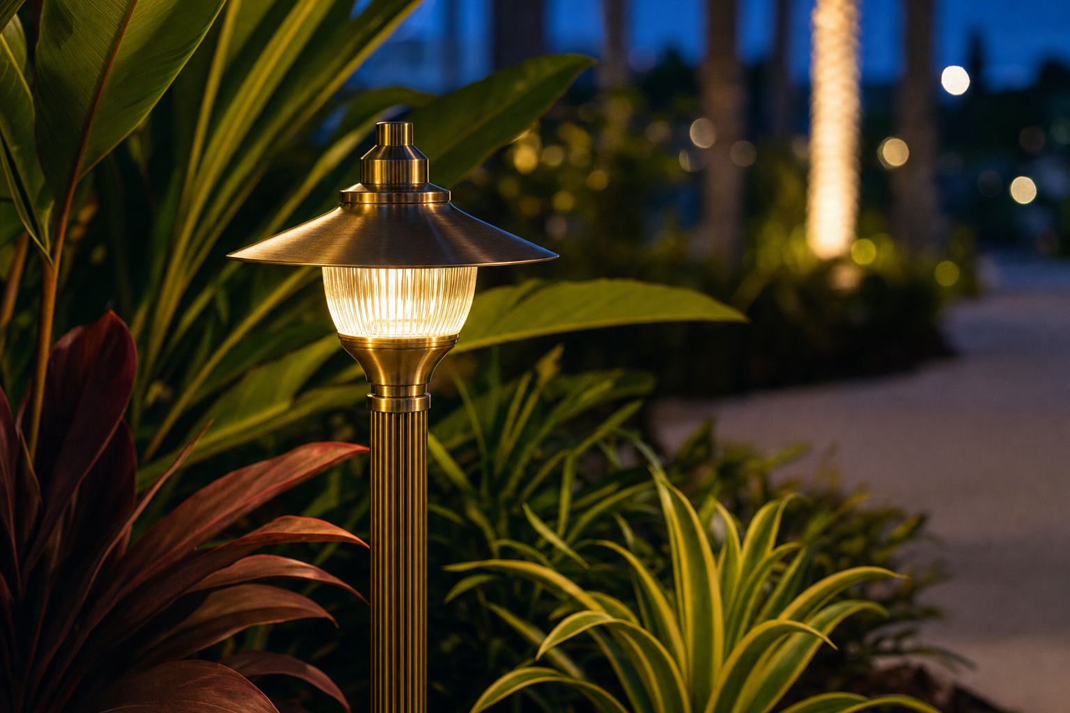 Sarasota home landscape with upgraded LED low-voltage lighting illuminating tropical plants and pathways at night