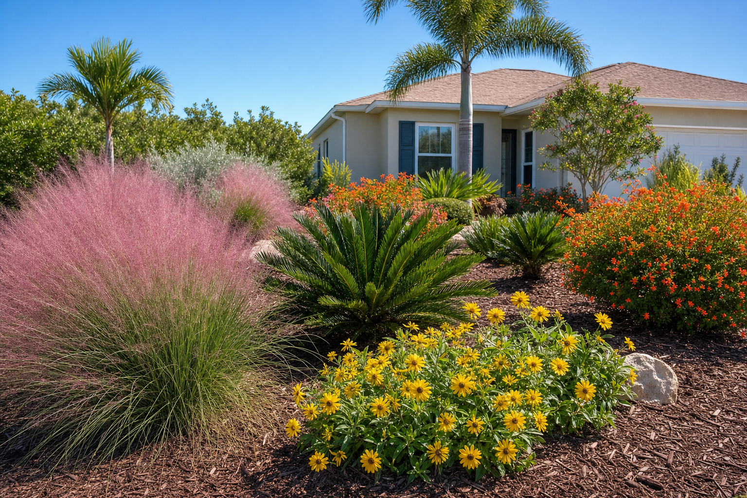 Sarasota landscape bed with drought-tolerant native Florida plants including muhly grass and firebush under bright sunshine