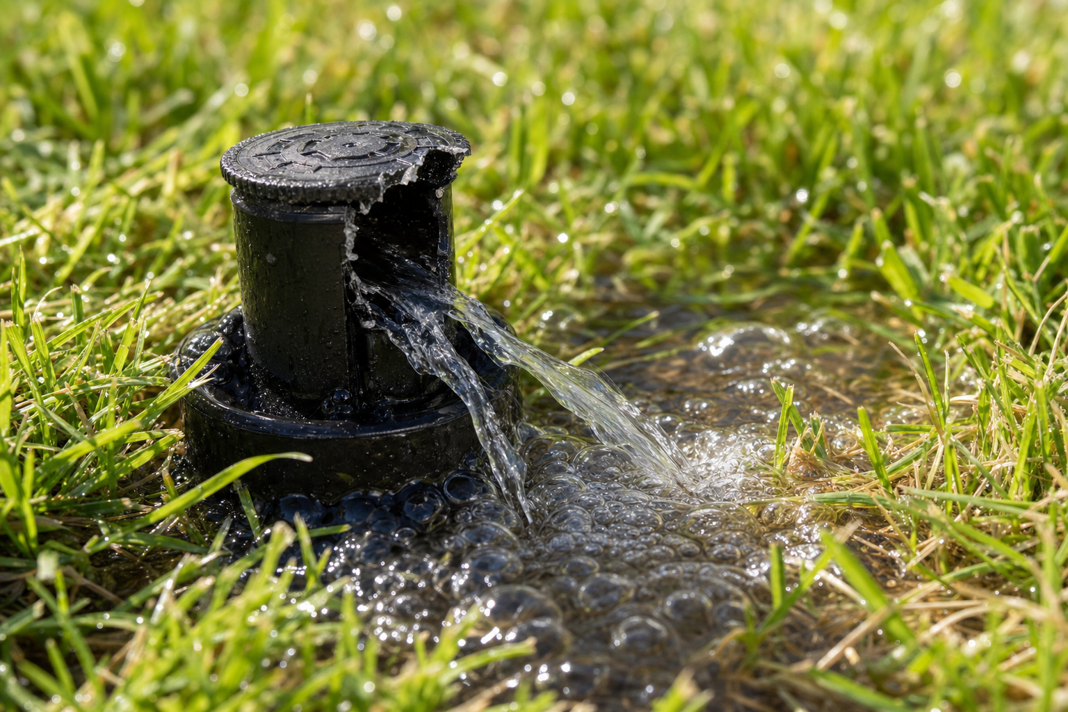 Close-up of a sprinkler head showing water leaking at the base on a Sarasota residential lawn