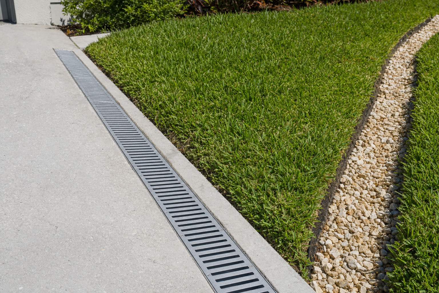 Side-by-side comparison of French drain trench and channel drain grate installation at a Sarasota property