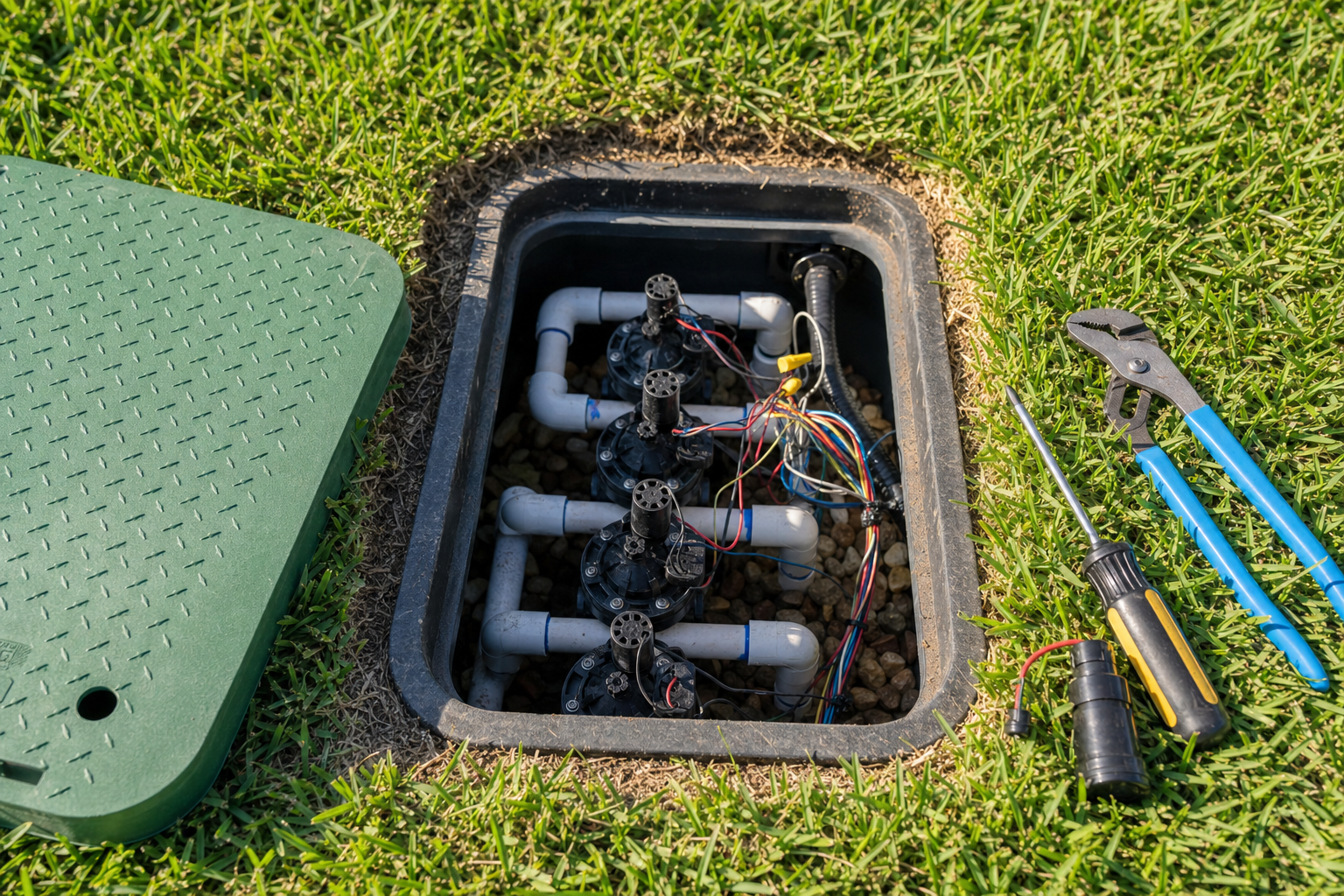Irrigation technician performing a spring start-up inspection on a Sarasota residential irrigation system