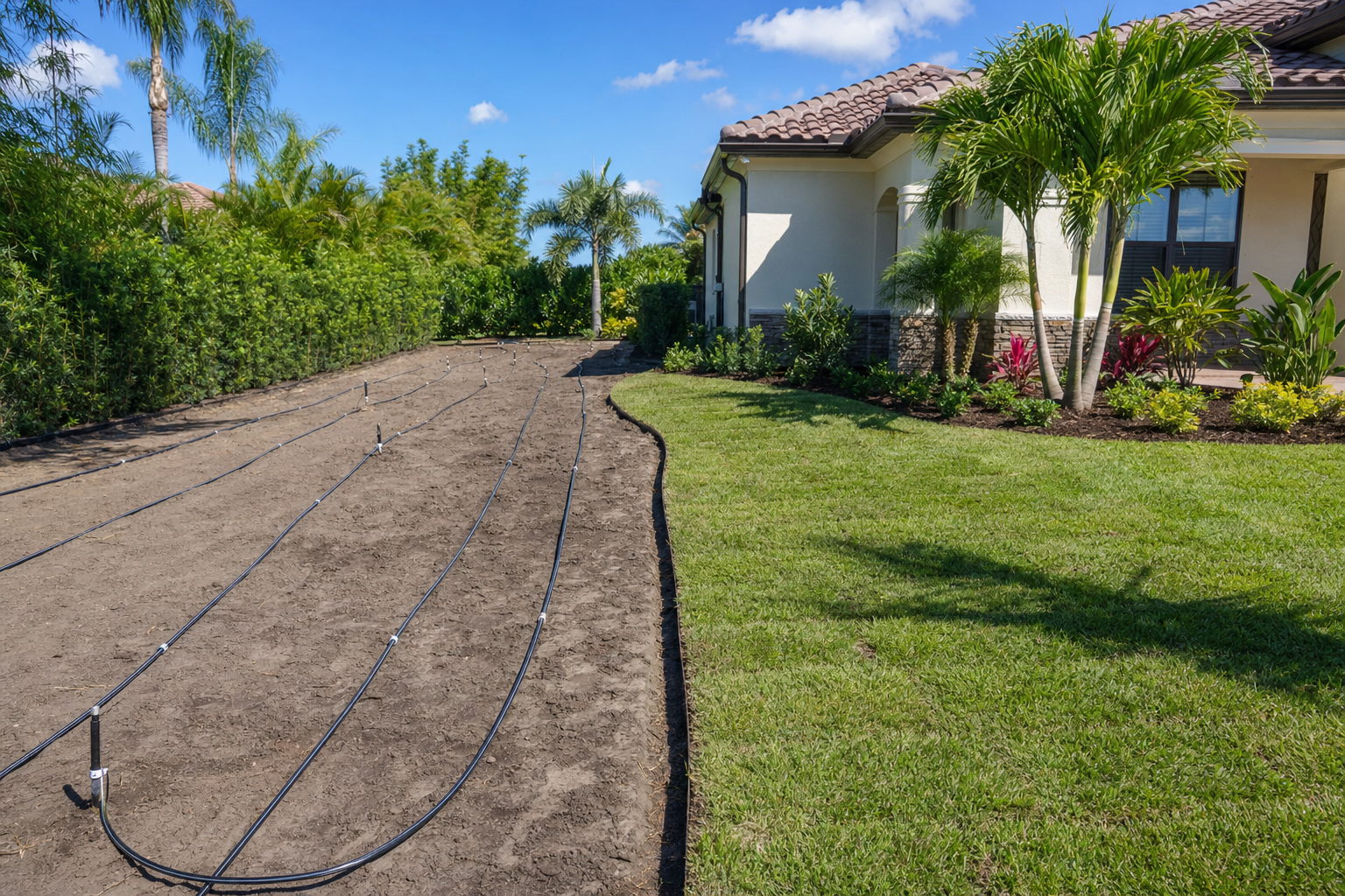 Landscape renovation design plan for a Sarasota property showing irrigation rough-in phase before planting and hardscape