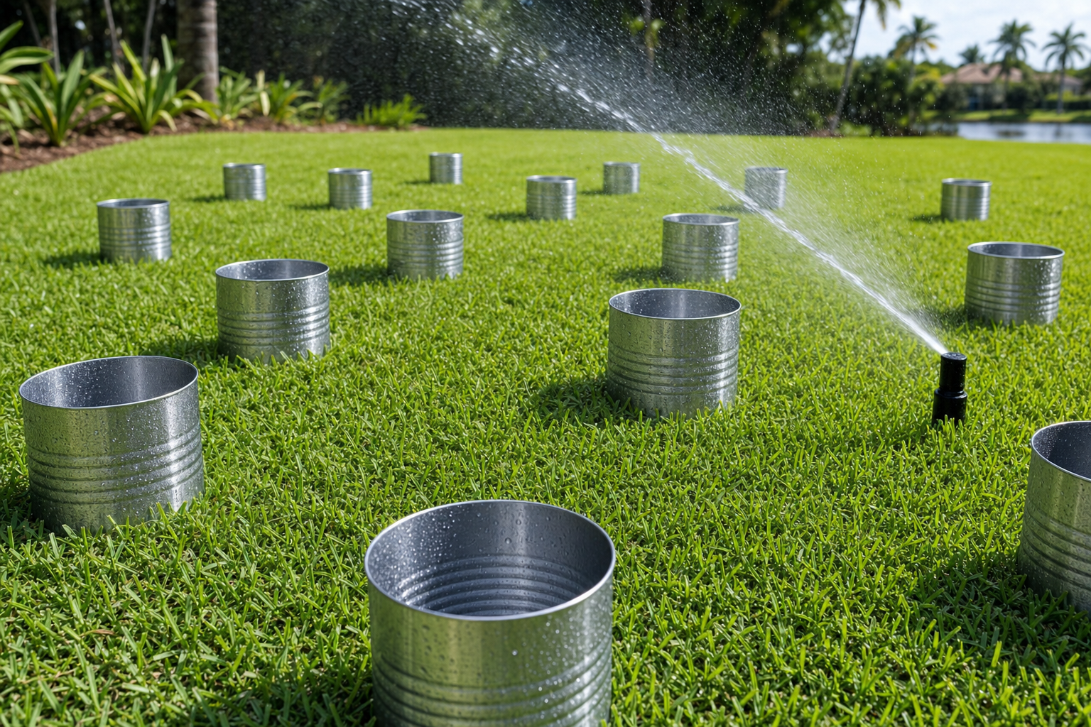 Irrigation auditor measuring distribution uniformity with tuna cans placed across a Sarasota lawn zone