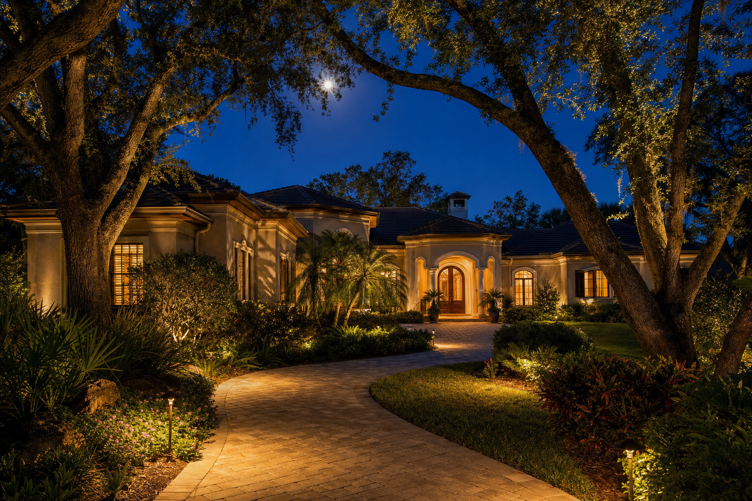 Upscale Florida home illuminated at dusk with warm low-voltage landscape lighting