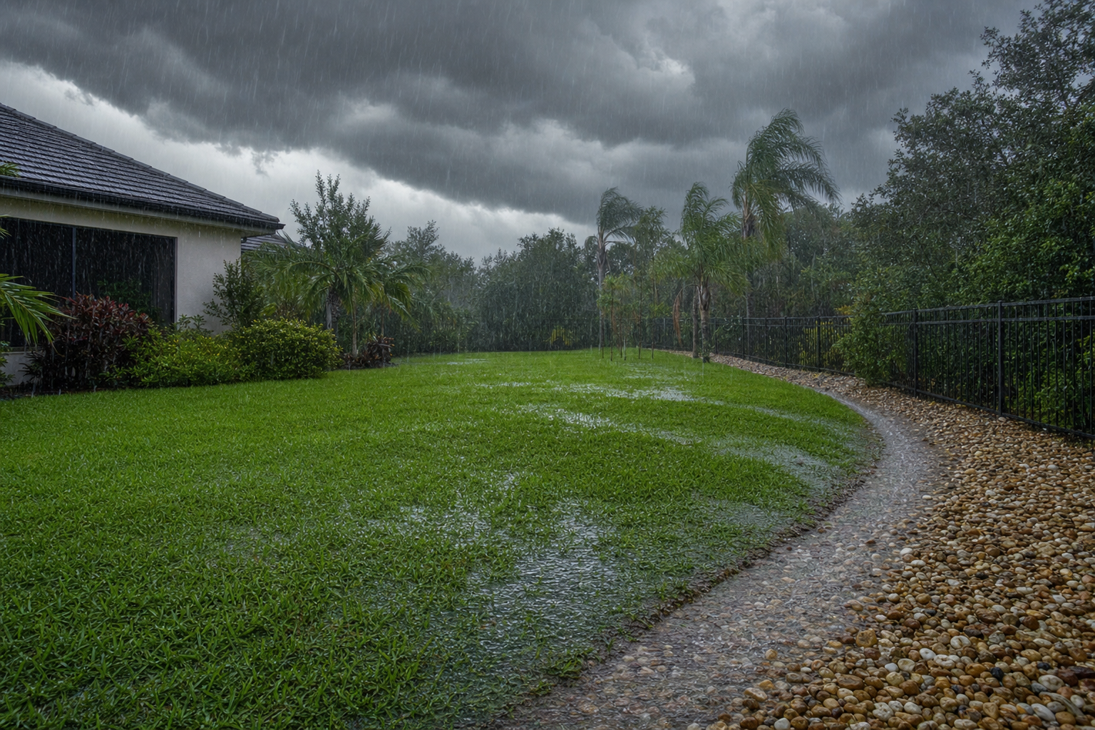 Newly installed French drain with river rock alongside a Sarasota green lawn