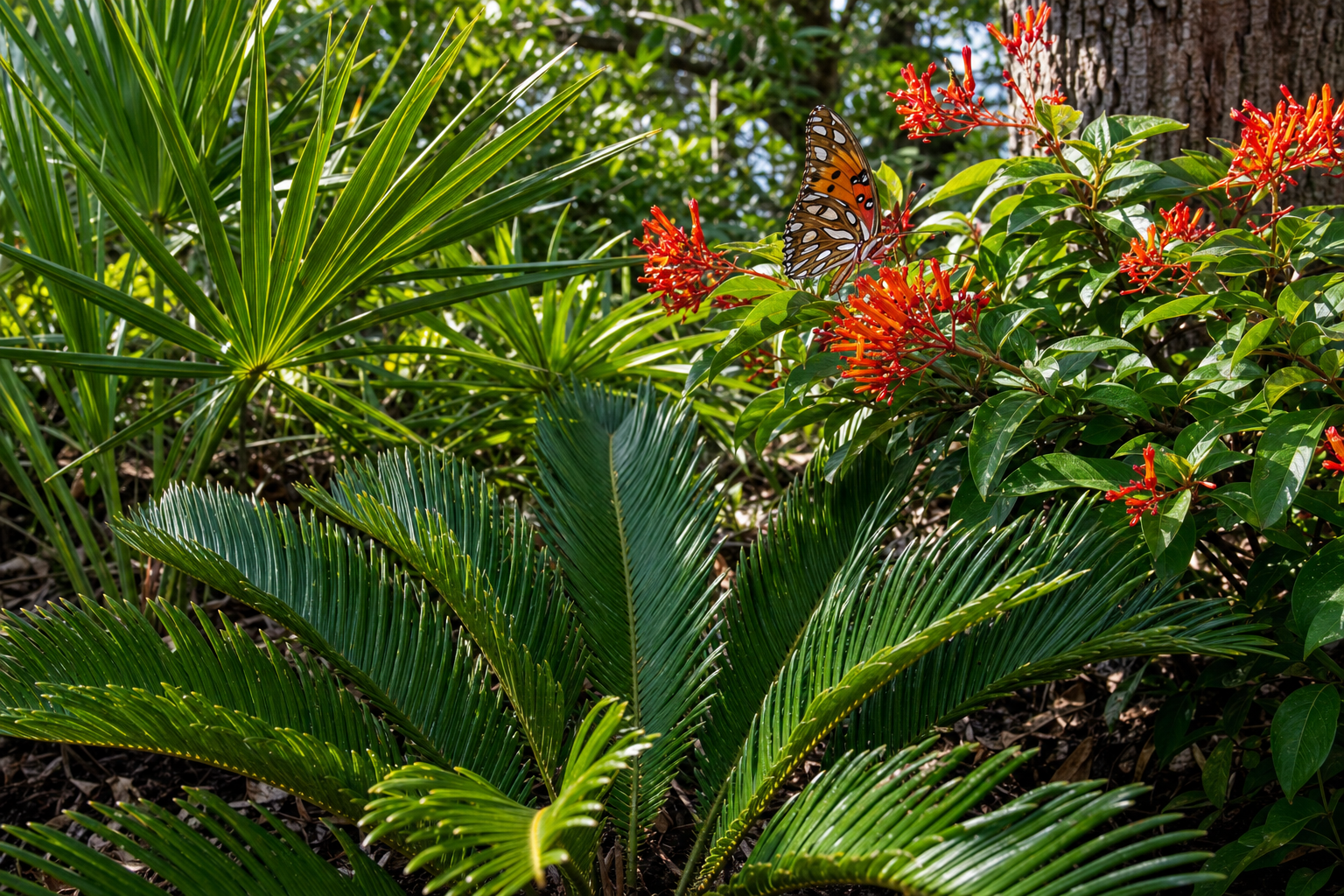 Tropical landscape bed with birds of paradise and crotons at a Sarasota home