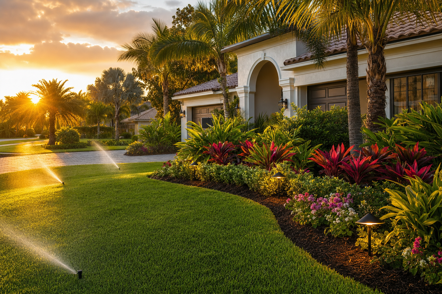 Resort-style Sarasota backyard with tropical landscaping, pool cage, and landscape lighting