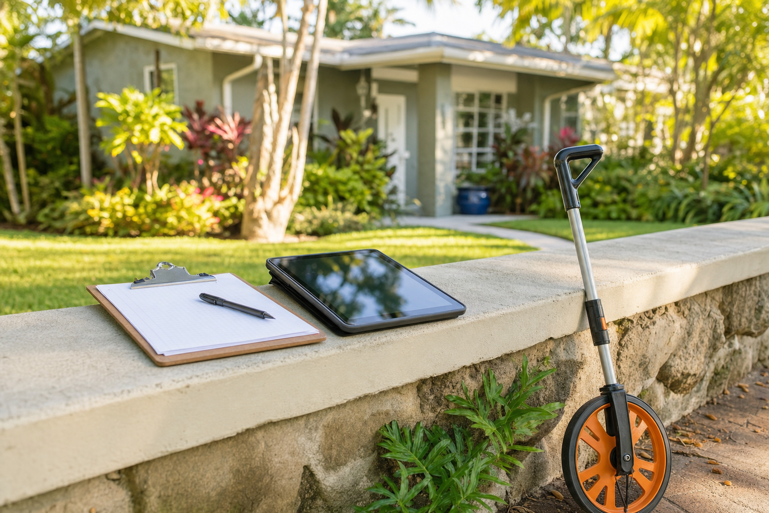 A clipboard, tablet, and measuring wheel during a Blue Stream on-site consultation at a Sarasota home