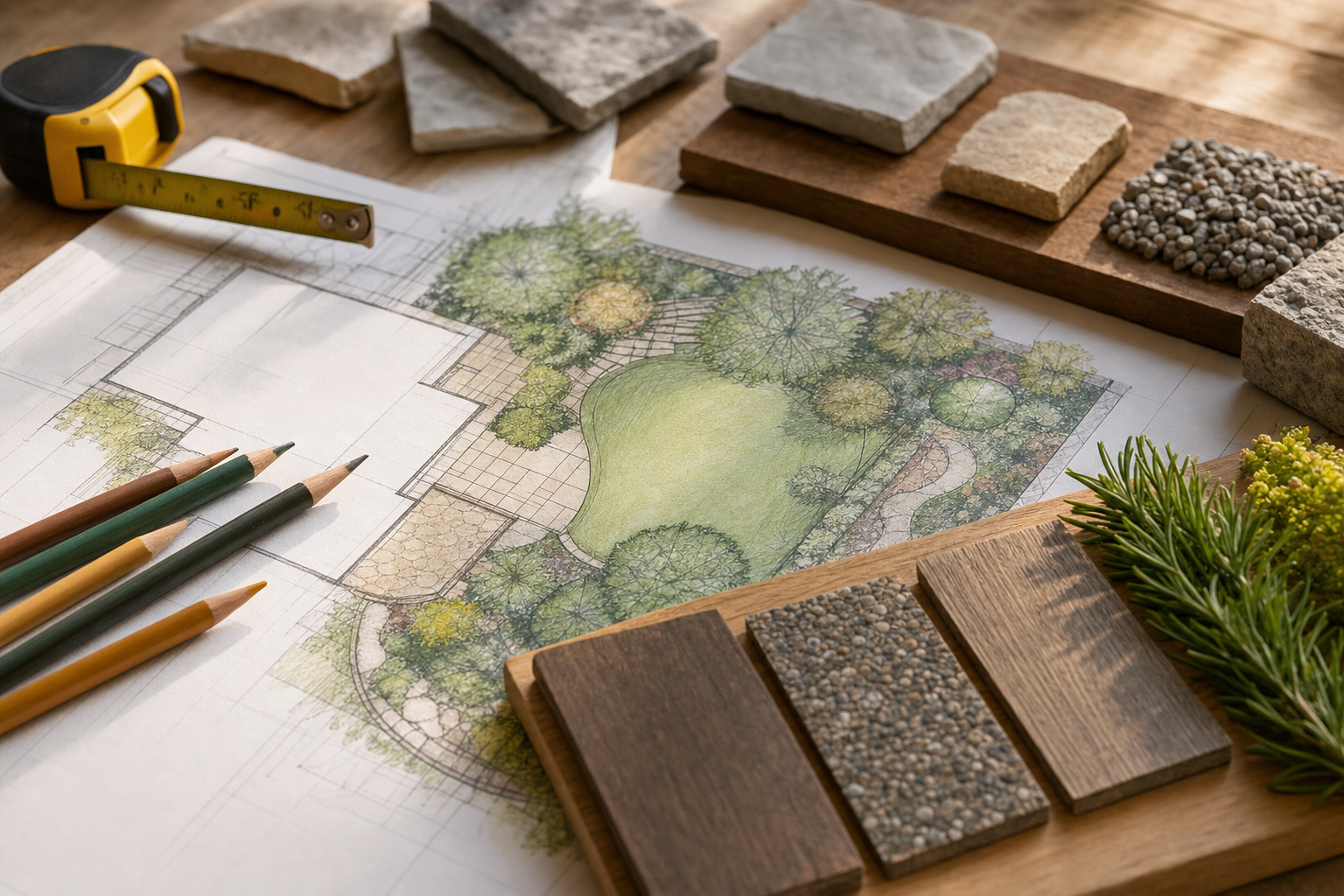 Design desk with sketch, color samples, and material swatches