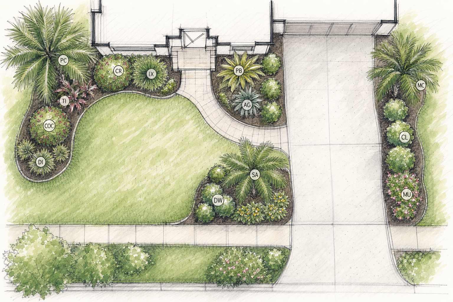 A hand-drawn Blue Stream landscape concept plan showing curved beds and labeled plantings