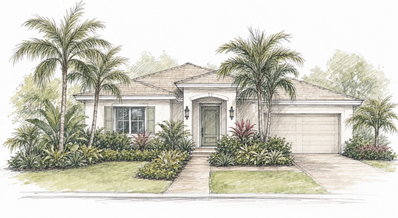 Front elevation sketch of a home with proposed tropical plantings