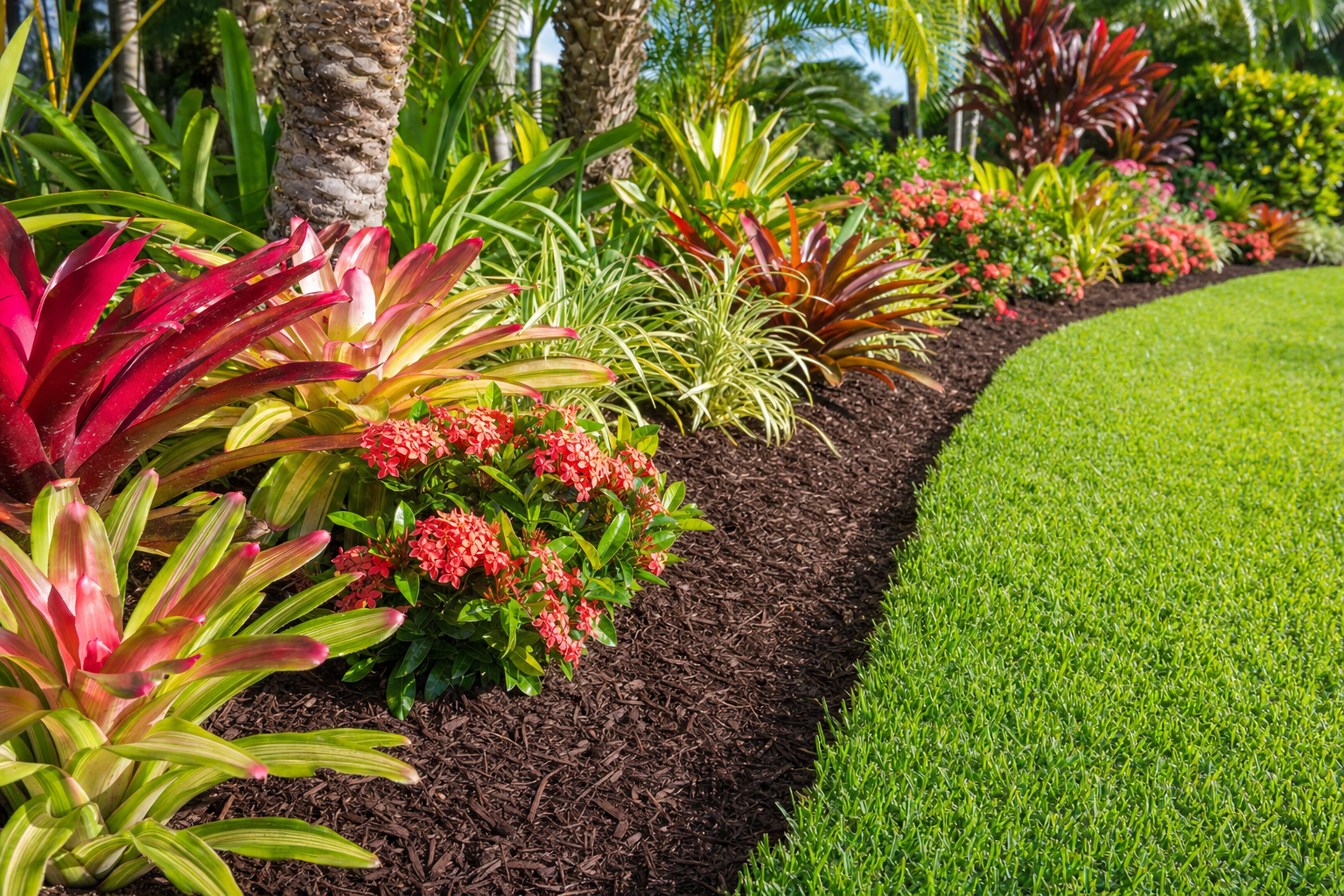 Vibrant tropical flower border with bromeliads and ixora along a green lawn in Osprey