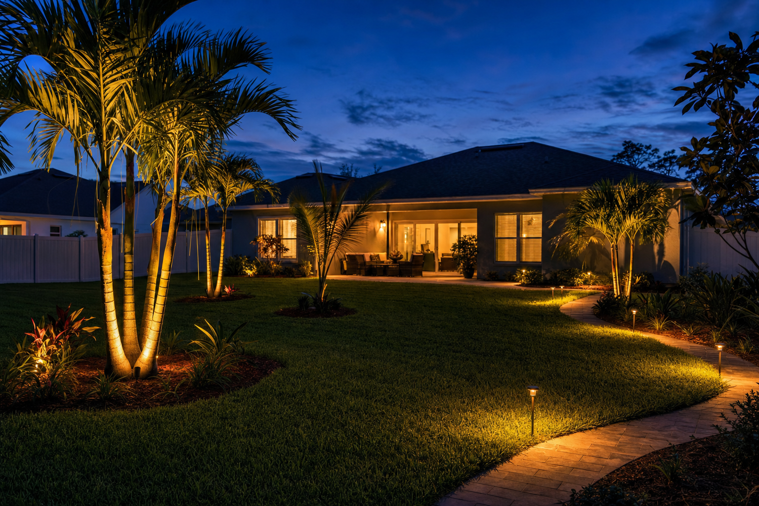 Backyard at dusk with warm landscape lighting on palms and path lights around a manicured lawn in Lakewood Ranch