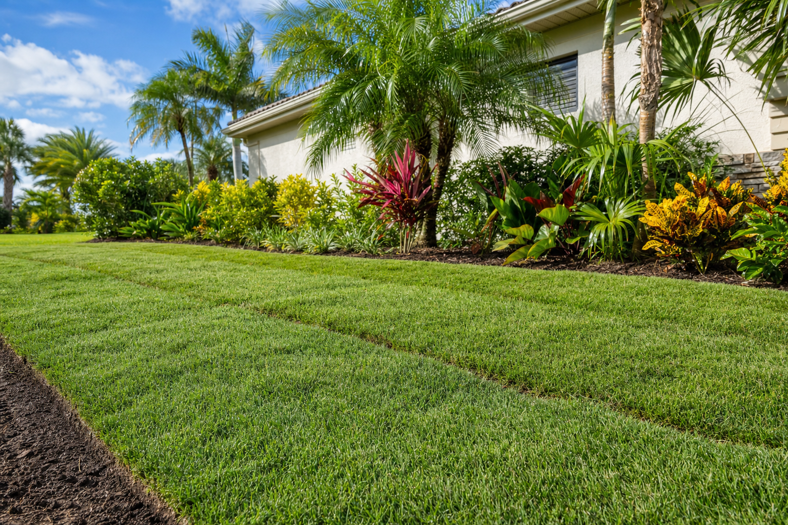 Freshly laid green sod forming a brand new lawn beside tropical beds at a Sarasota home