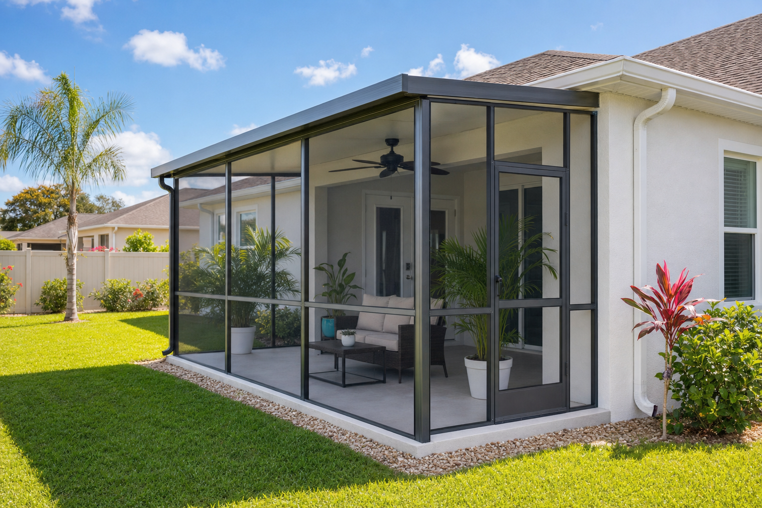 Sparkling clean screened pool enclosure with clear screens and tidy plantings in Venice