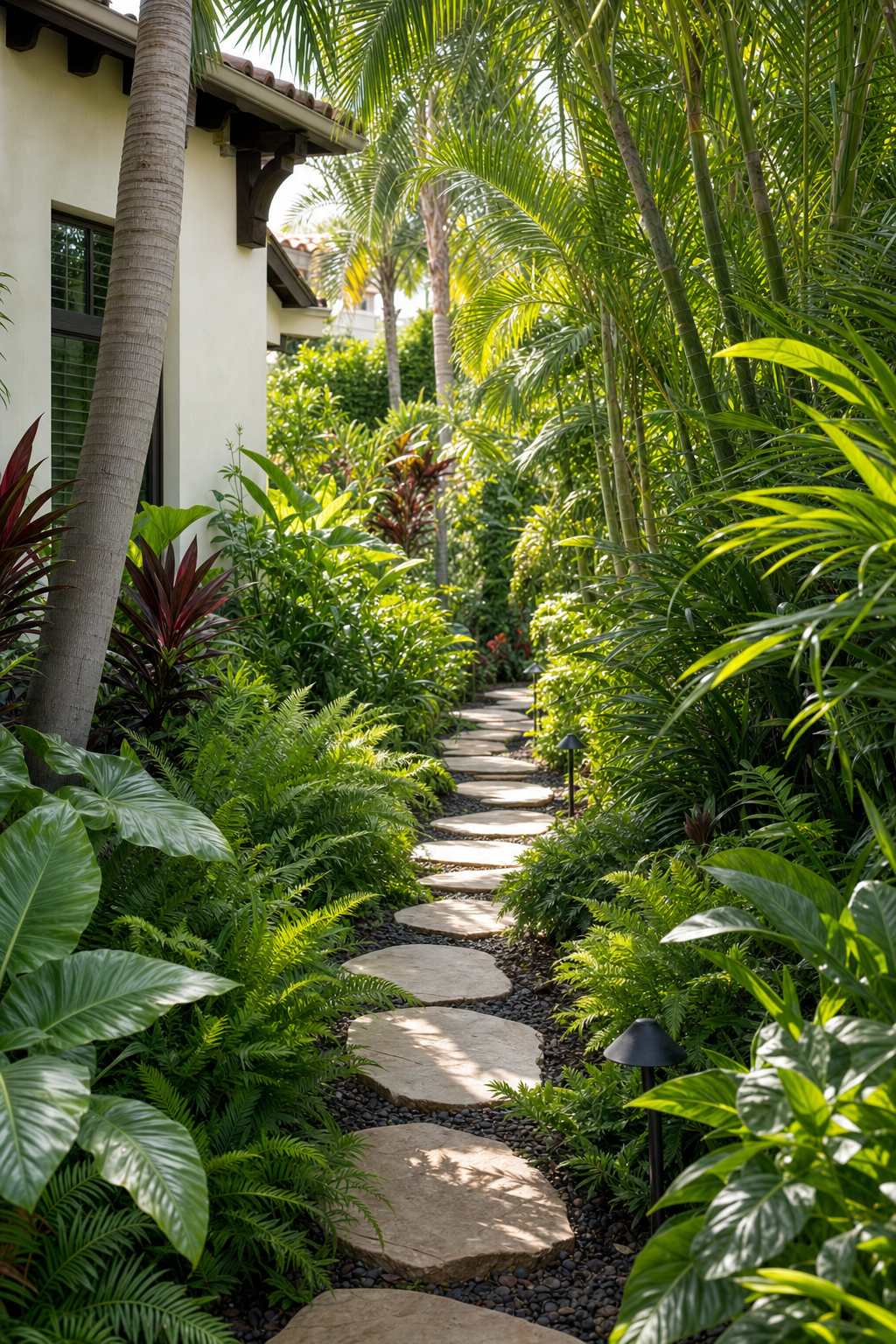 Lush tropical side-yard garden with stepping stone path, ferns and palms in Sarasota