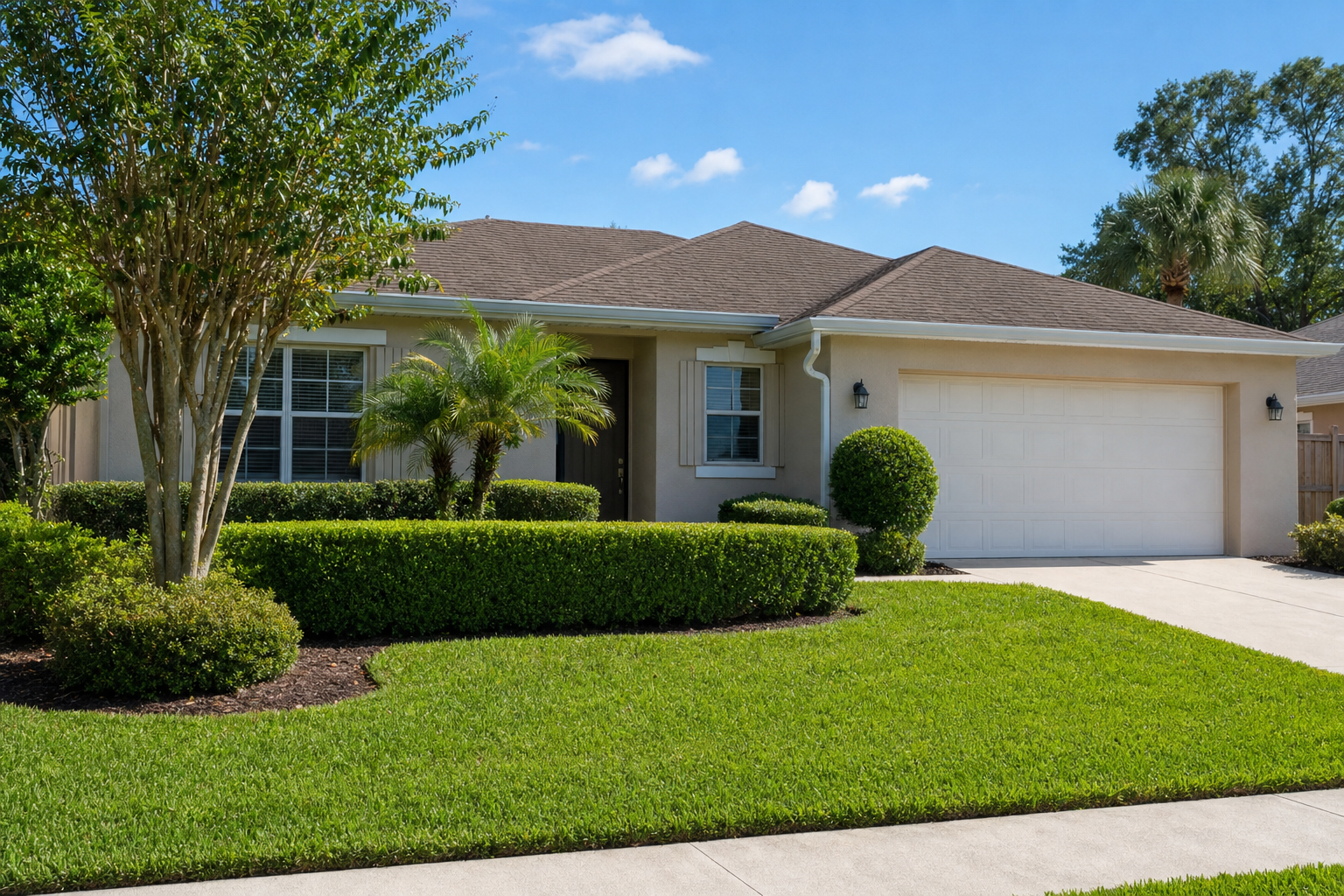 Neatly trimmed manicured hedges and rounded shrubs framing an upscale Lakewood Ranch home