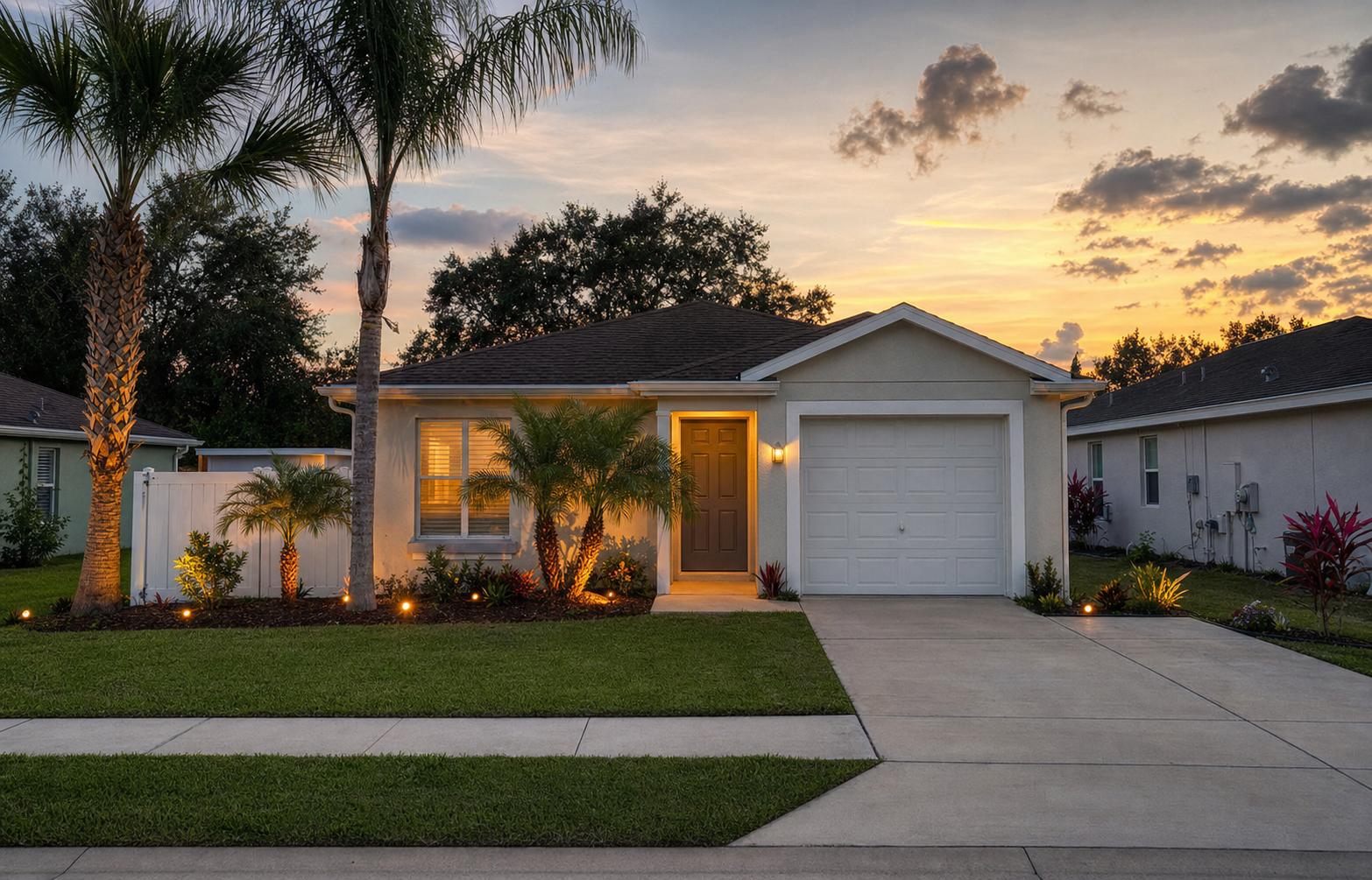 Beautifully landscaped upscale Sarasota home at golden hour with lush lawn, tropical plants, and landscape lighting