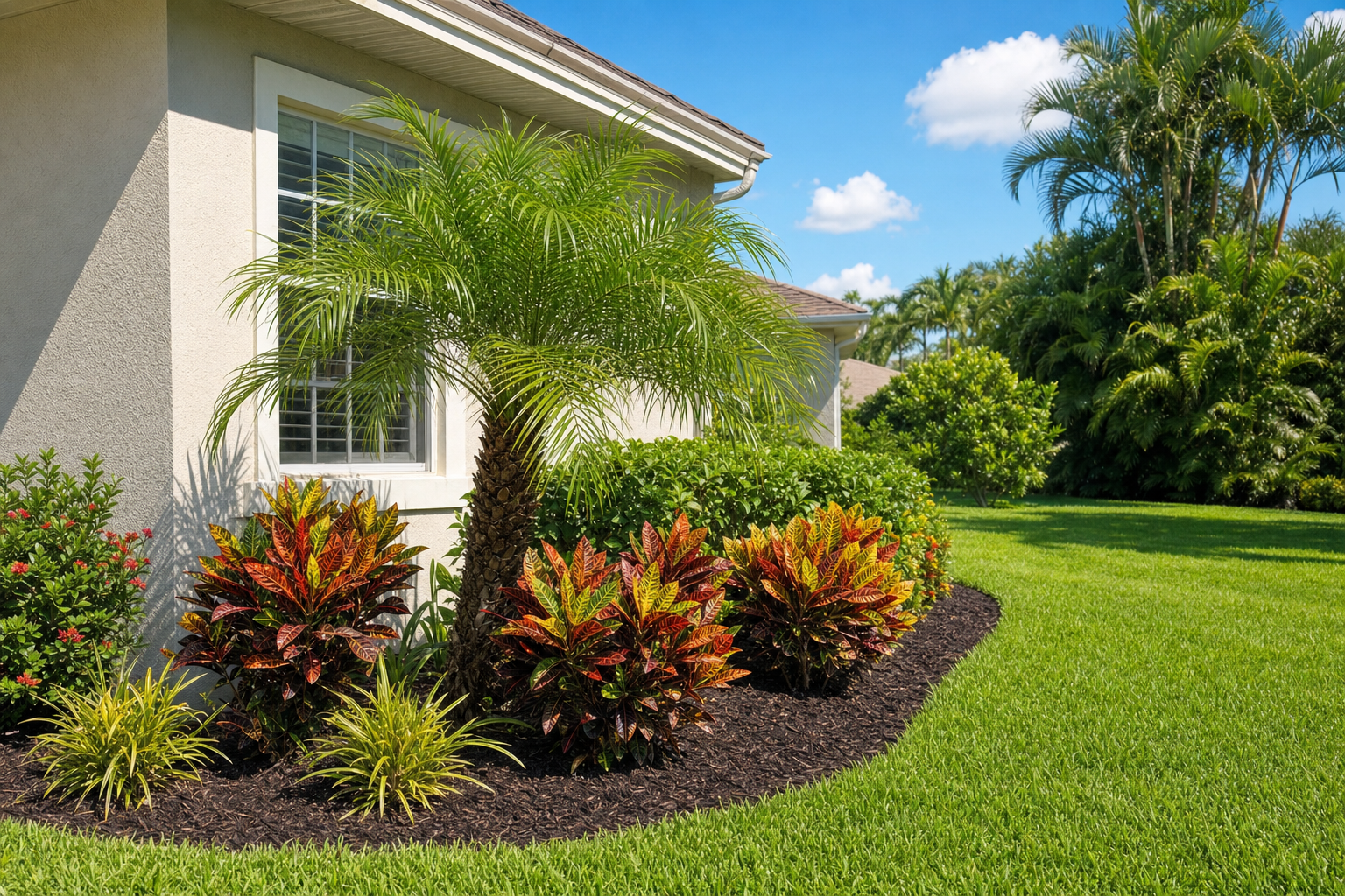 Freshly installed tropical landscape bed with birds of paradise and crotons in Sarasota