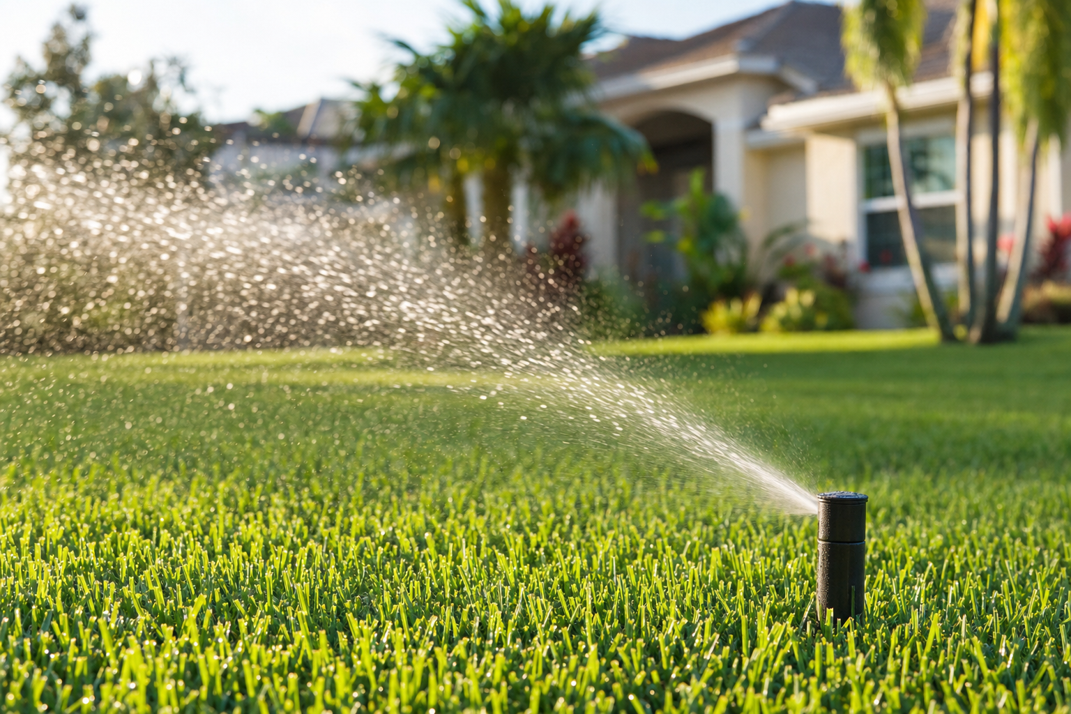Drip irrigation line and pop-up sprinkler watering a healthy green lawn in Palmetto