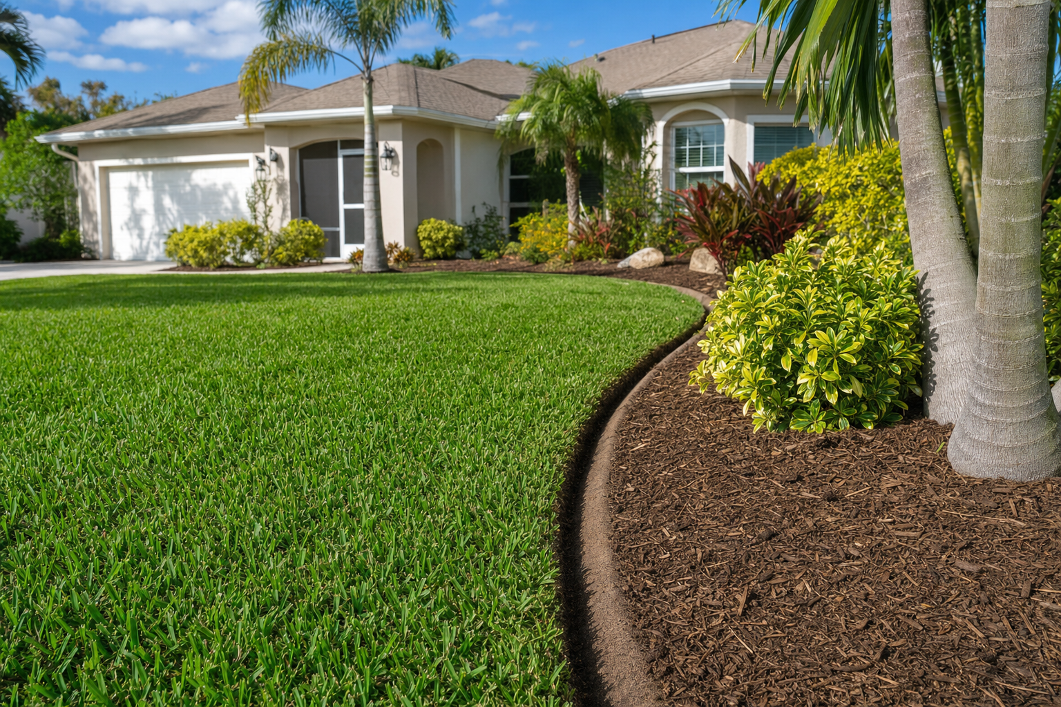 Pristine freshly mowed lawn with clean mower stripes beside a paver walkway in Bradenton