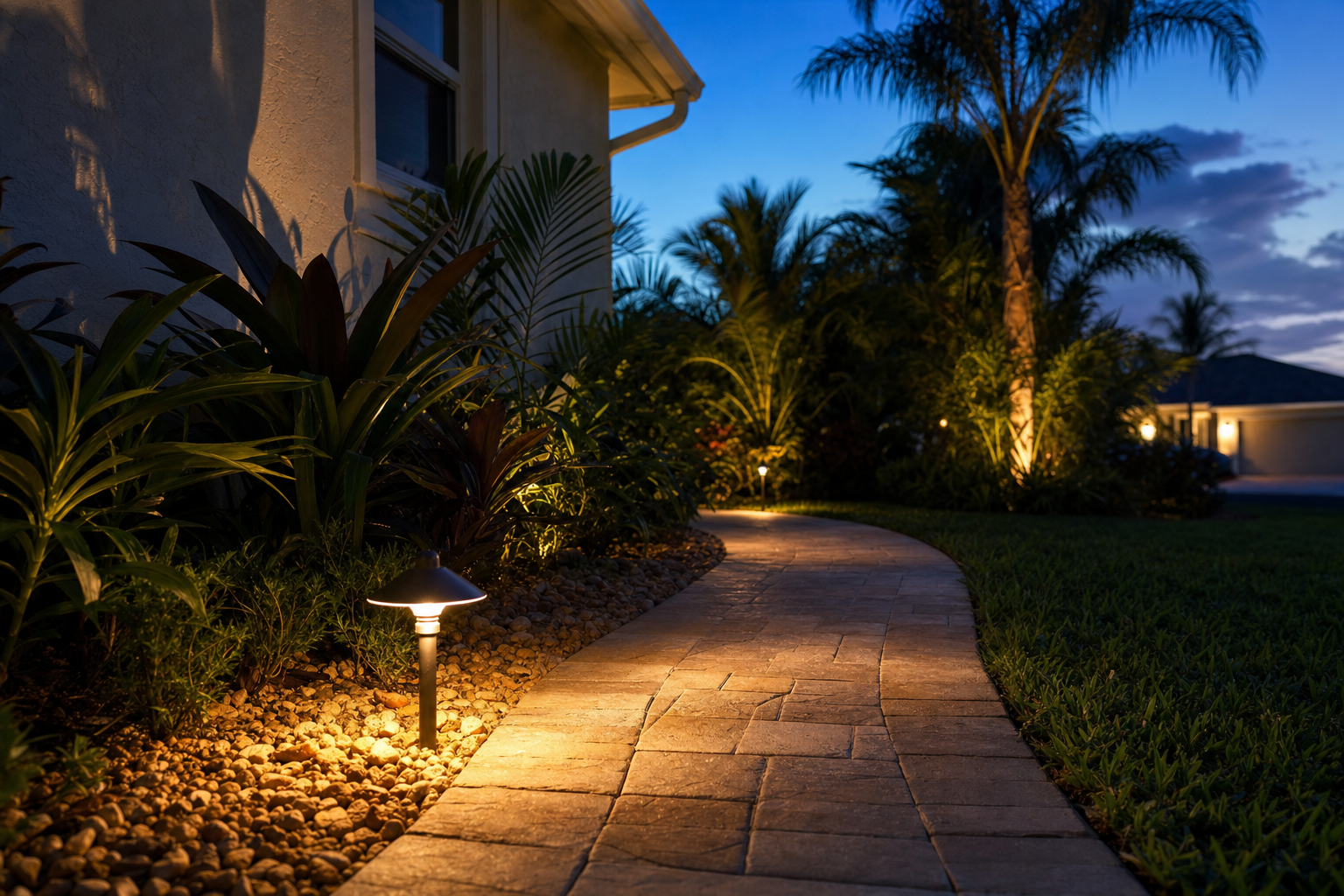 Warm path lighting glowing along a residential walkway at dusk