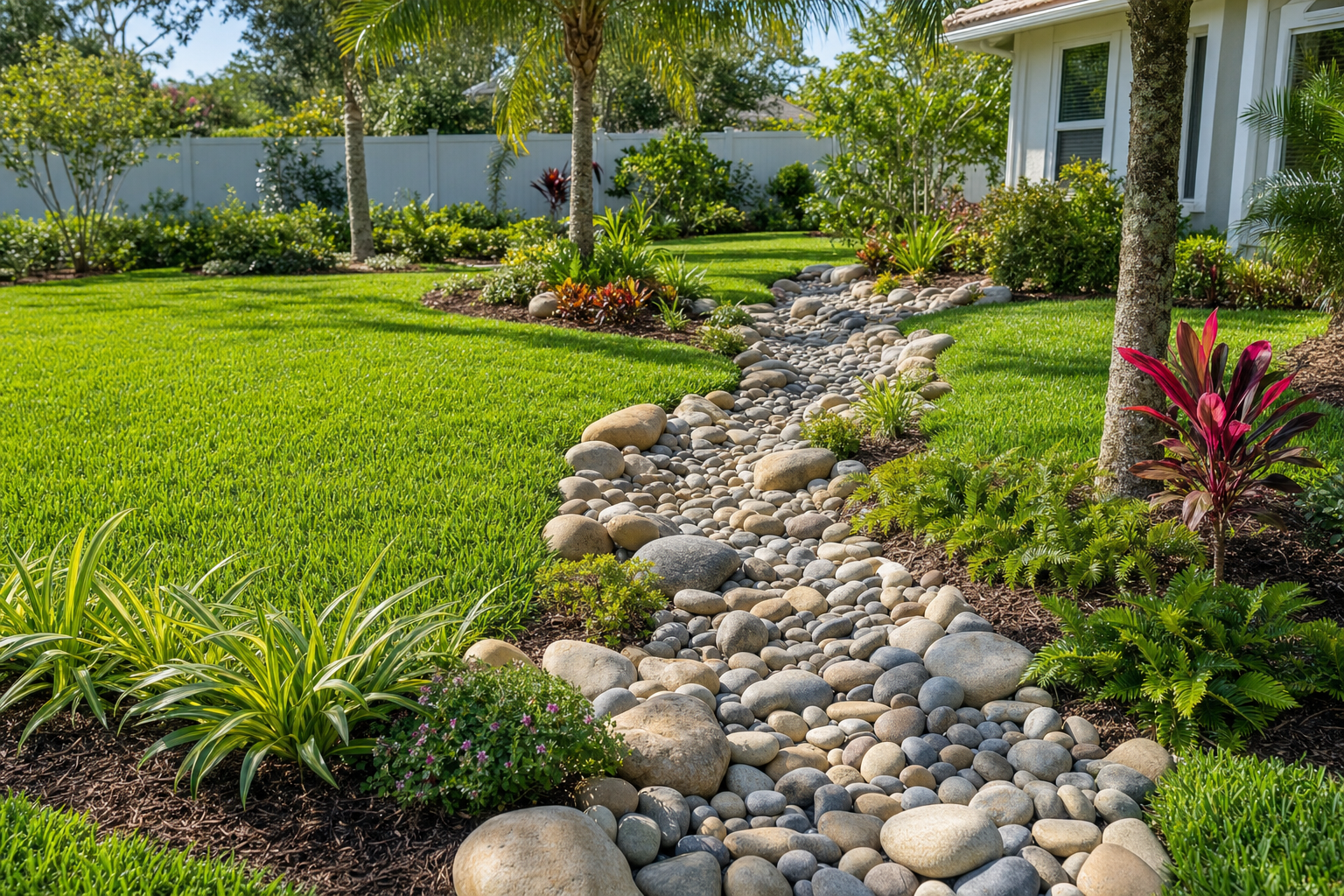 Newly installed French drain with river rock channel beside a healthy green lawn in Sarasota