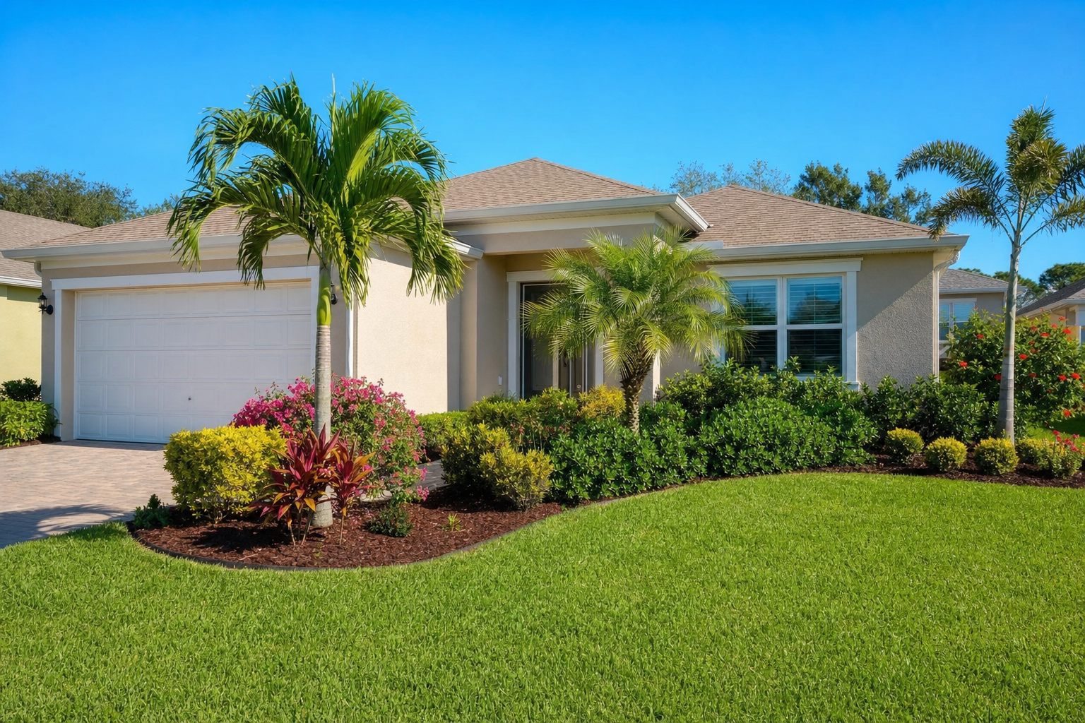 Beautifully landscaped Sarasota home at golden hour with lush lawn, tropical plants, and lighting