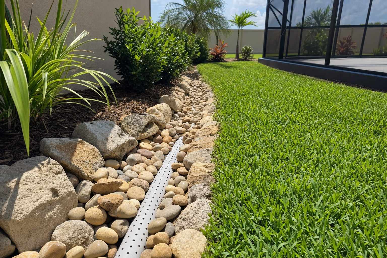 Newly installed French drain with river rock alongside a green lawn