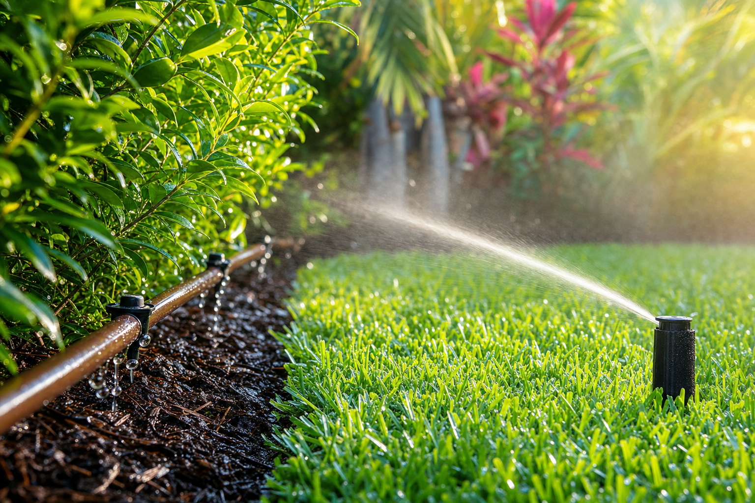 Drip irrigation system and sprinkler watering a healthy green lawn