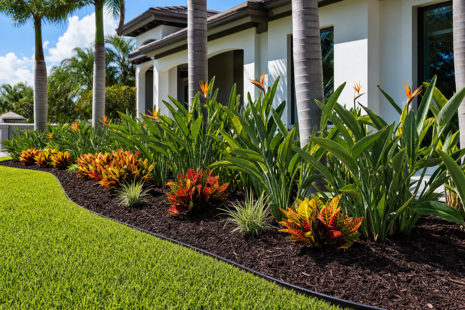 Freshly installed tropical landscape bed with birds of paradise and crisp mulch