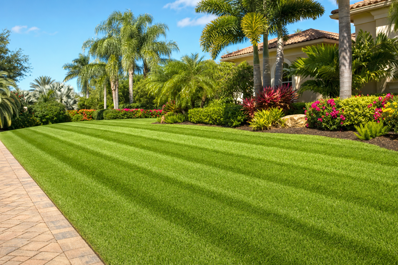 Pristine freshly mowed lawn with clean mower stripes