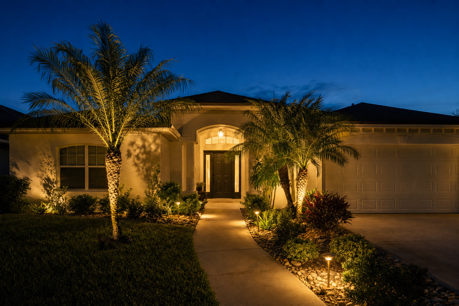 Upscale Florida home at dusk with warm landscape lighting on palms and path