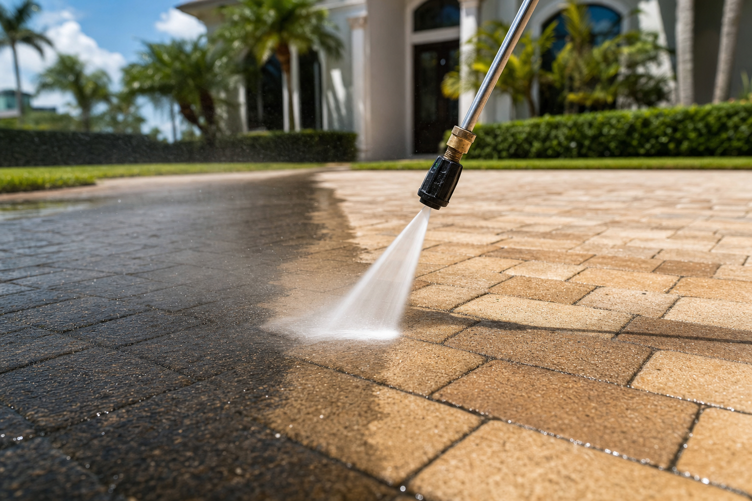 Paver driveway being pressure washed showing clean and dirty contrast